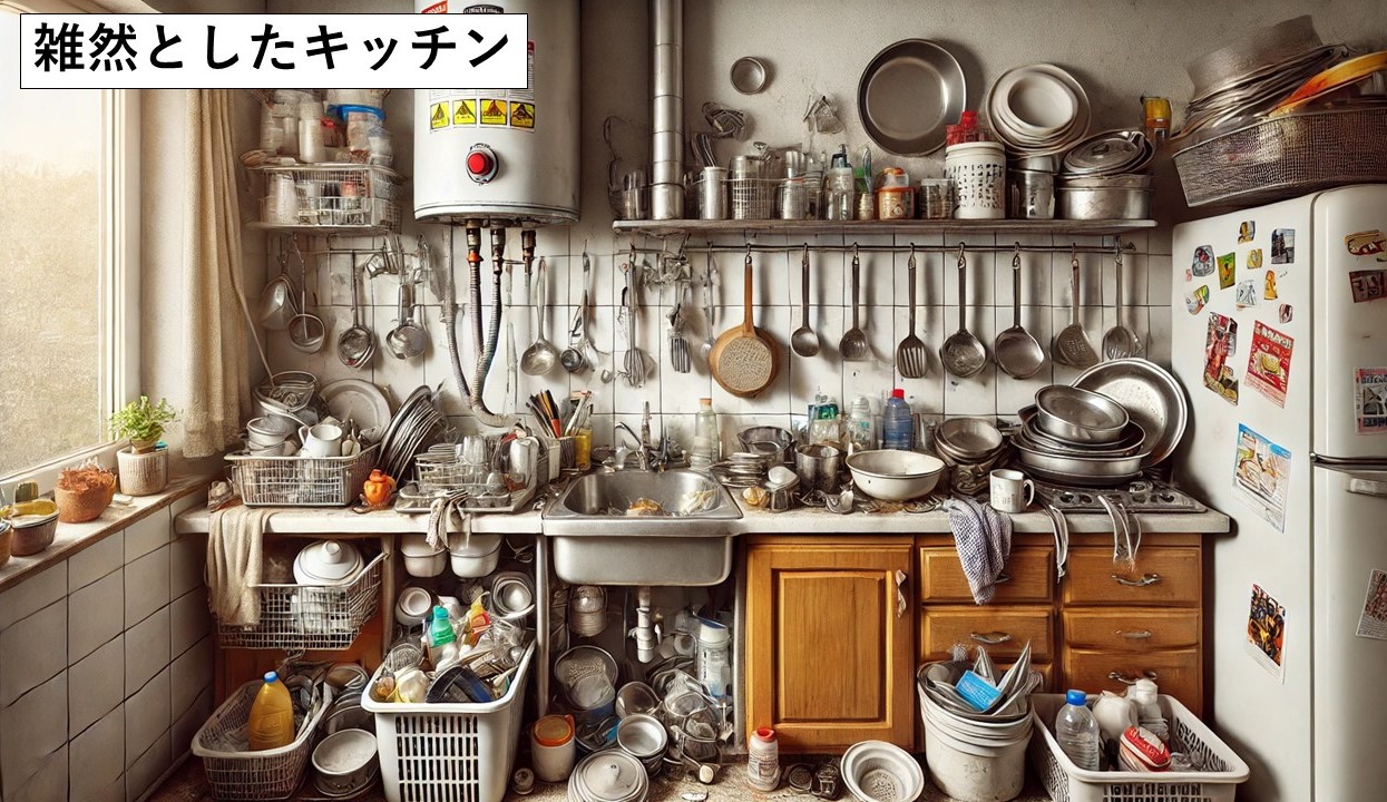 散らかったキッチンのイラスト(歯の治療の前の例)