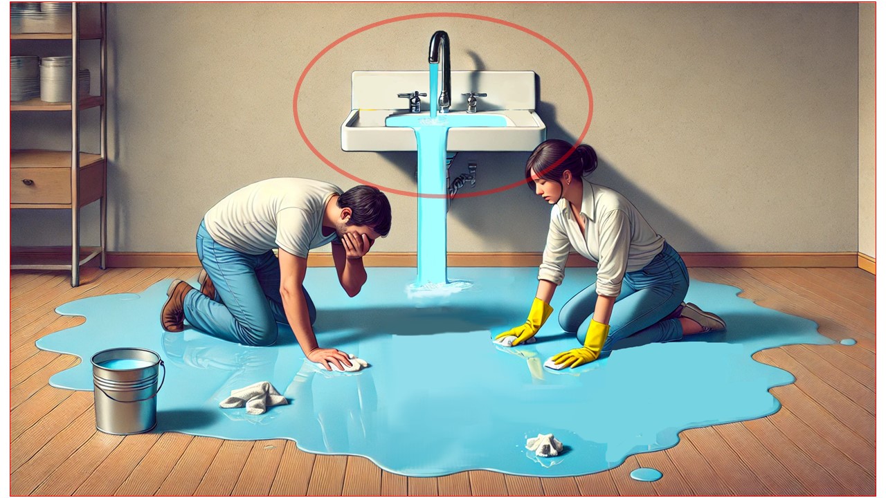 水道から床へと溢れる水と、床を拭いている人のイラスト