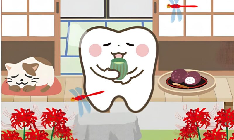 お彼岸の時期に縁側でお茶を飲む歯のイラスト