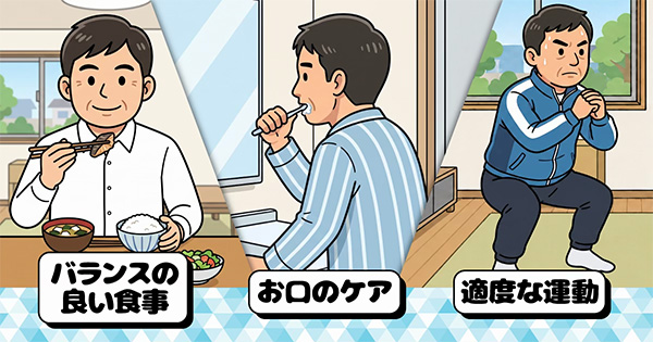 食事と運動にお口のケアに取り組む男性のイラスト