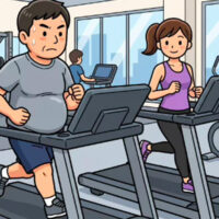 メタボを気にしてトレーニングジムでランニングマシンでランニングに励む男性のイラスト