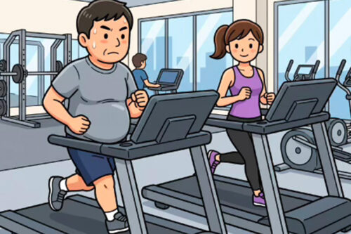 メタボを気にしてトレーニングジムでランニングマシンでランニングに励む男性のイラスト