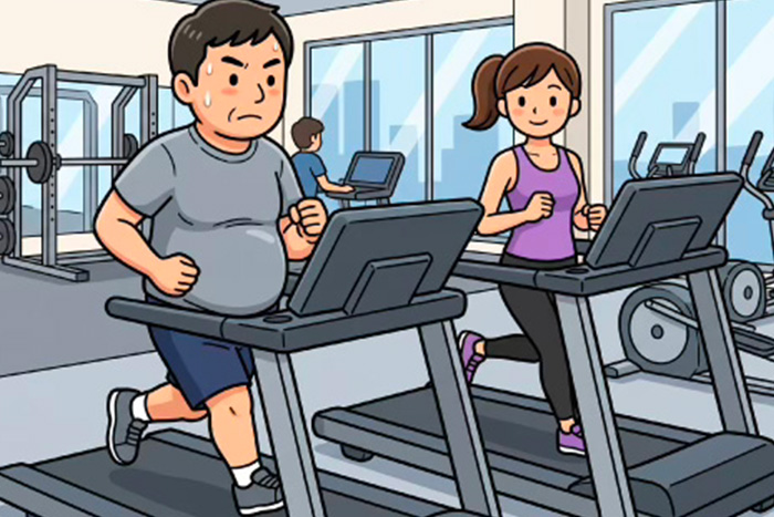 メタボを気にしてトレーニングジムでランニングマシンでランニングに励む男性のイラスト