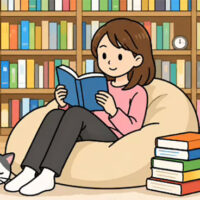 リビングで読書をする若い女性のイラスト