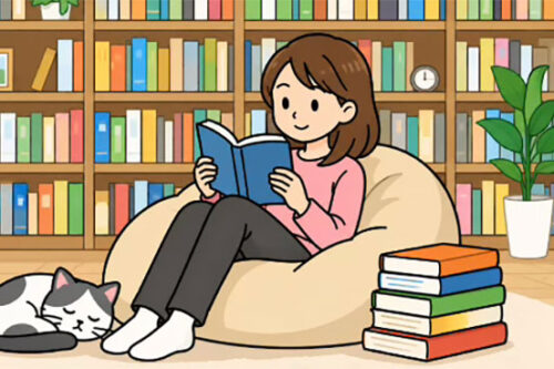 リビングで読書をする若い女性のイラスト