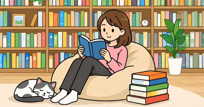 リビングで読書をする若い女性のイラスト